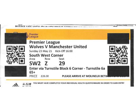 2020-21 WOLVERHAMPTON WANDERERS V MANCHESTER UNITED TICKET - RESTRICTED ATTENDANCE DUE TO COVID&nbsp;
Only 4,500 attendance w