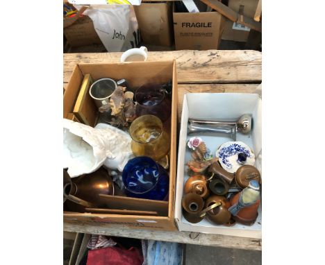 2 boxes misc including glassware, brassware and china ornaments. 