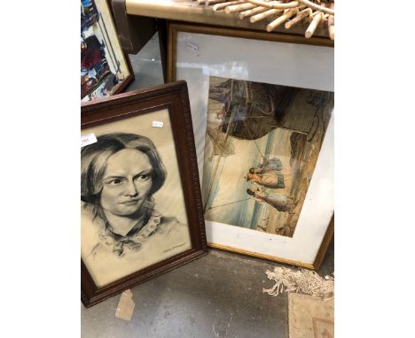 A print after Birket Foster and a portrait depicting Charlotte Bronte signed William Shutt. 