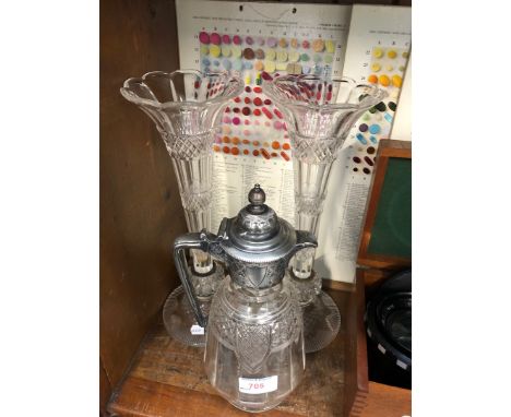 Pair of glass flutes and metal mpounted glass decanter 