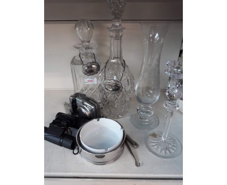 Two glass decanters etc, travel binoculars and a camera 