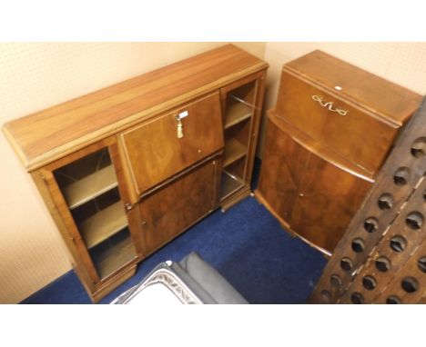 A lot comprising a mid 20th century mahogany drinks cabinet, 109cm high x 75cm wide x 37cm deep and a mid 20th century bureau