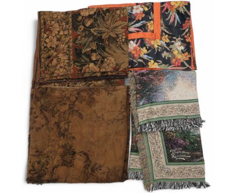 A Thomas Kinkaid woven throw, a black and orange floral bed cover and other textiles Condition Report:We would recommend you 