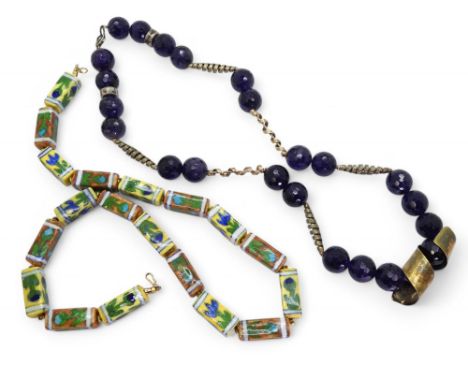 A silver statement necklace with large amethyst beads, made by Sheena M Stephen of Edinburgh, together with a ceramic handmad