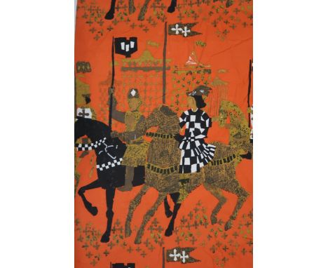 A pair of Tibor Reich Atournament curtains, designed to celebrate the 400th anniversary of Shakespeare, depicting figures on 