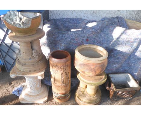 A large mixed lot to include wooden plant pedestal, pair of Drymen Pottery plant pedestals, three assorted Drymen Pottery urn
