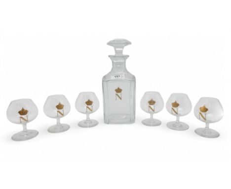 A Baccarat Harcourt brandy decanter and six small glasses, all with gilt Napoleon N and crown Condition Report:Available upon