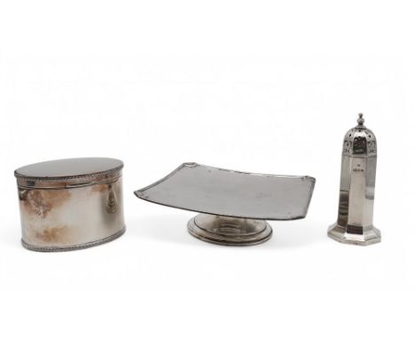 A silver caster, London 1911, of faceted form, a plated tea caddy and tazza, weighable silver 175gms (3) Condition Report:Ava