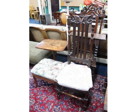 A mixed lot to include high back bergere hall chair, another oak hall chair, white painted standard lamp, upholstered stool, 