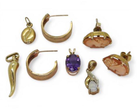 A 9ct gold opal and diamond pendant, amethyst pendant, 9ct cameo earrings, weight 3.1gms, and further yellow metal items 1.5g