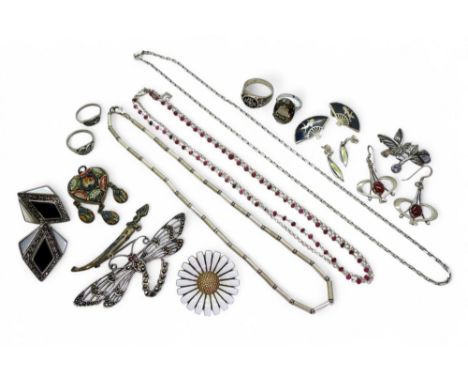 A pair of&nbsp;Ortak&nbsp;enamelled earrings, together with a Danish enamelled daisy brooch marked Volmer Bahner, and a colle