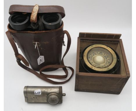 A cased pair of Barr &amp; Stroud military issue 7x CF41 binoculars, serial no. 74414, a cased maritime gimbal compass by Cam