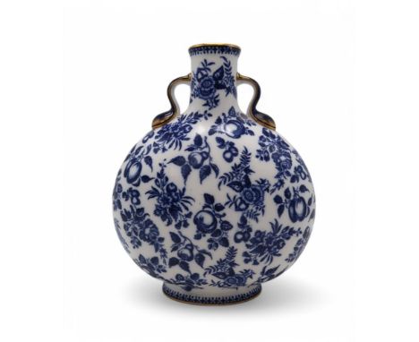 A Royal Worcester moon flask, decorated with transfer printed fruits and flowers, blue crescent mark to base Condition Report