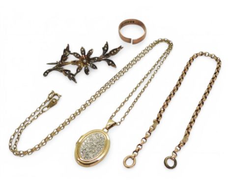A 9ct pearl set flower brooch, a 9ct gold locket and chain, a (af) rose gold wedding ring and a bit of rose coloured chain, w