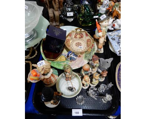 A collection of Hummel ornaments including Just Fishing, Swarovski animals including dog, cats, butterfly etc, a Royal Crown 