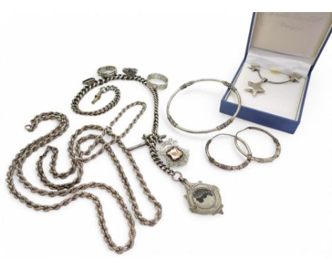 Two silver rope chains with matching bracelet, a silver fob chain hallmarked to every link, rings, a bangle etc Condition Rep