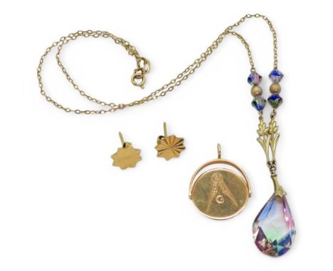 A 9ct gold vintage necklace, set with glass gems, a pair of 9ct gold star earrings and a 9ct Masonic spinner pendant, weight 