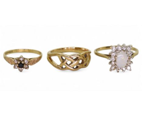 Three 9ct gold rings, a retro sapphire and cz flower cluster, size F1/2, Celtic knotwork H1/2, opal and cz cluster K1/2, weig