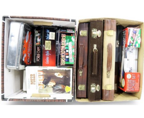 Assorted poker sets, to include two aluminium flight cased examples, three backgammon sets and a cased opthalmoscope (2 boxes