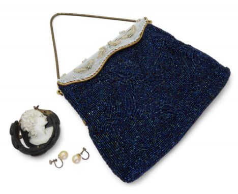A vintage beaded handbag, together with a well carved shell cameo in a (af) bog oak mourning brooch, and a pair of faux pearl
