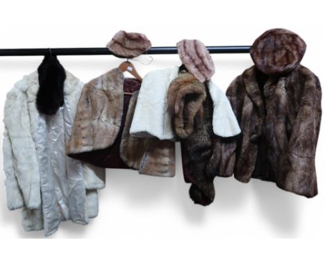 A white fur jacket with detachable hood, a white fur shrug, brown fur shrug, brown fur jacket, fox fur stole etc Condition Re
