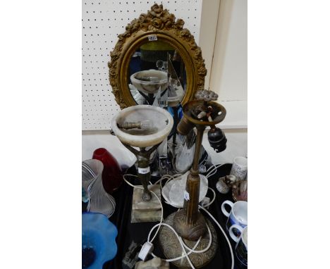 An Art Deco spelter lady figure lamp, a chromed sailing ship lamp, a gesso mirror and a double bulb table lamp Condition Repo