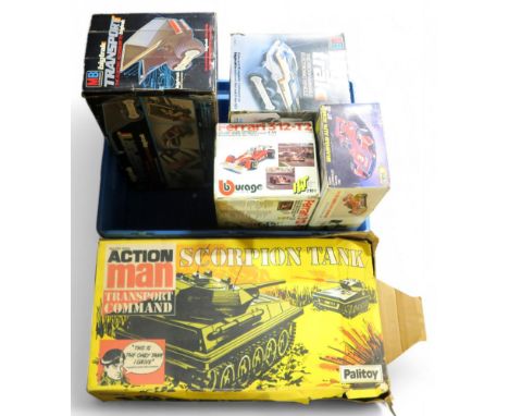 A boxed Palitoy Action Man Scorpion Tank, with boxed MB Bigtrack vehicles, a Burago 1-14-scale Ferrari 312-T2 etc. Condition 