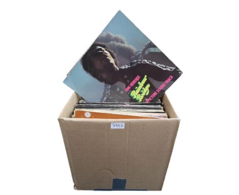 Vinyl LP Records, a box of mostly prog, rock and pop LP records with Jimi Hendrix, Mott The Hoople, Led Zeppelin, Grateful De