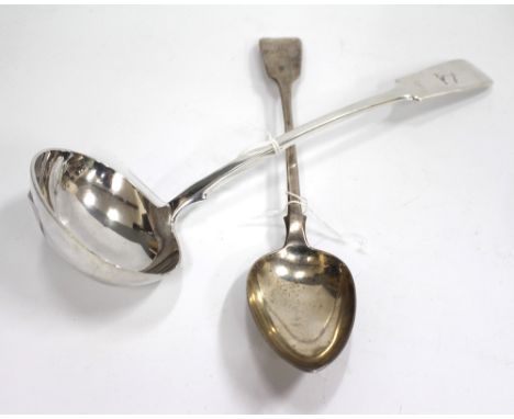 A 20TH CENTURY LONDON SILVER LADLE and one other early Victorian London silver serving spoon, the longest measuring 33cm (2)