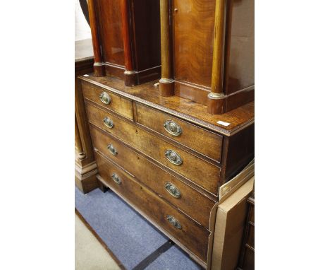 A LATE 18TH CENTURY OAK TWO OVER THREE DRAWER CHEST standing on bracket feet, 113cm wide x 91cm high x 51cm deep