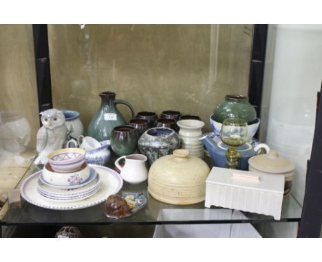 A SELECTION OF CHINA AND CERAMICS to include a Nao Lladro figurine of an owl, a Norfolk pottery, set of goblets and jug, blue