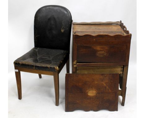 AN ANTIQUE ELM COMMODE with a galleried top (AF) 54cm wide together with a studded leather upholstered side chair