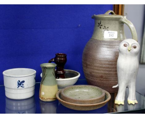 A SMALL SELECTION OF BRITISH STUDIO POTTERY including a tenmoku glazed coffee pot, St Ives shallow dishes, red glazed candle 