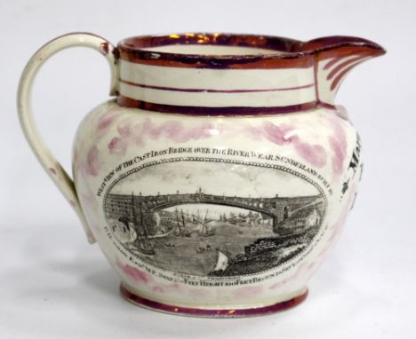 A 19TH CENTURY SUNDERLAND LUSTRE JUG with painted decorations, Mary Silby, Poole 1824 12cm high 