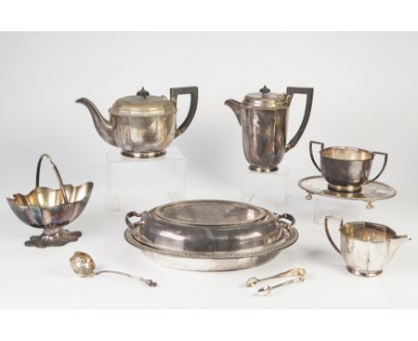 FOUR PIECE ELECTROPLATED TEA SERVICE BY JOHN ROUND & Co, of circular, panelled form with angular handles and moulded circular