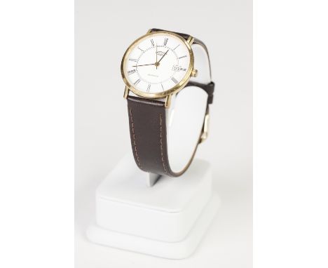 GENTS ROTARY GOLD PLATED AND STAINLESS STEEL WRIST WATCH, with quartz movement, white Roman circular dial with sweep seconds 