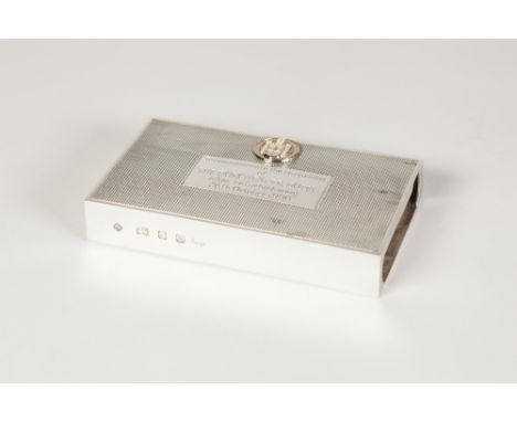 ASPREY, LONDON SILVER PRESENTATION LARGE MATCH BOX HOLDER, oblong with engine turned top and base, the top with a plain oblon