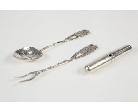 SILVER CASED POCKET CORKSCREW, in plain two part case with screw thread, concealing the pull-out corkscrew, 3 ¼" (8.3cm) long