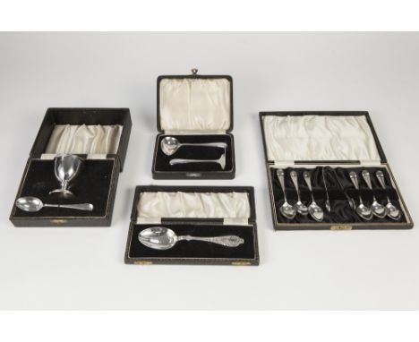 FOUR CASED SETS OF GEORGE V AND LATER SILVER CUTLERY, comprising: SET OF SIX SMALL TEASPOONS AND MATCHING SUGAR TONGS BY EDWA