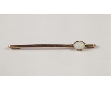 9ct GOLD BAR BROOCH, collet set to one end with an oval opal, 1.5gms 
