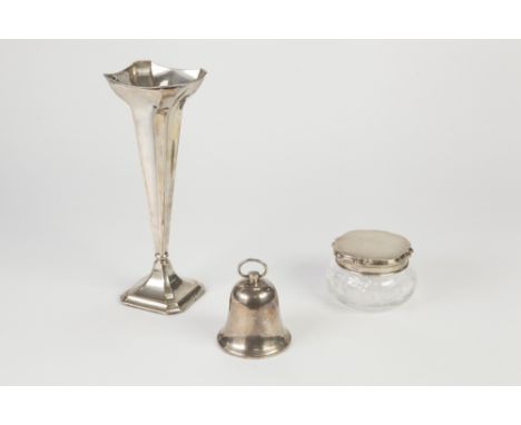 THREE PIECES OF GEORGE V AND LATER SILVER, comprising: SQUARE SECTION TRUMPET VASE, with weighted base, 9" (22.9cm) high, Lon