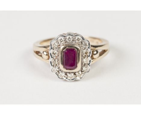 9ct GOLD, RUBY AND DIAMOND CLUSTER RING, with collet set centre oblong ruby and surround of fourteen tiny diamonds, 5gms, rin