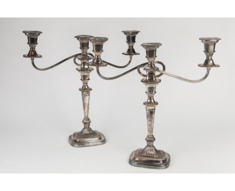 PAIR PRE WAR GEROGIAN STYLE SHEFFIELD PLATE THREE LIGHT CANDELABRUM with reeded reflex scroll branches the removable drip tra