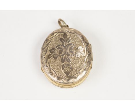 VICTORIAN ENGRAVED OVAL LOCKET PENDANT, with gold back and front, double opening with hinges  on opposing sides to take four 