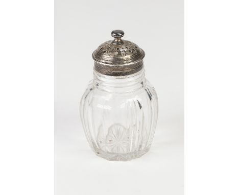 WILLIAM IV PANEL CUT GLASS OVULAR SUGAR CASTOR with pull-off domed and pierced SILVER LID, 4" high, London 1837