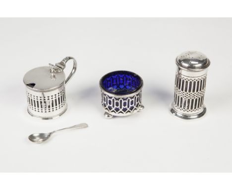 THREE SILVER SIMILAR CONDIMENT RECEIVER, pierced cylindrical, each with a blue glass liner, viz lidded mustard receiver, salt