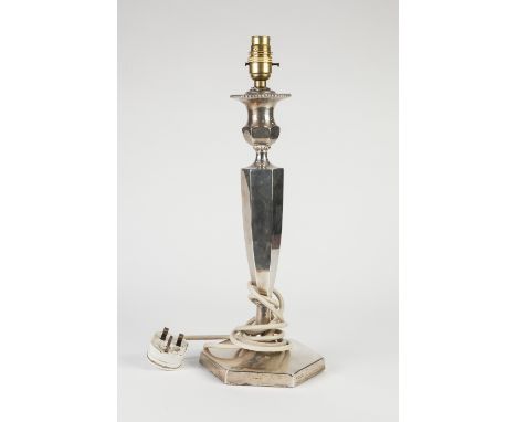 GEORGE V WEIGHTED SILVER CANDLESTICK PATTERN ELECTRIC TABLE LAMP BASE, of panelled form with urn shaped sconce, slender, tape