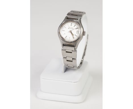 BULOVA "ACCUTRON" MID SIZE STAINLESS STEEL CASED WRIST WATCH white enamel dial with date aperture, sweep seconds and bright m