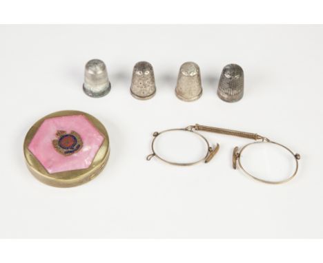 FOUR SILVER THIMBLES, pair of pince nez and a Royal Empress souvenir metal powder compact (6)