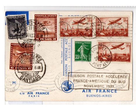France 1937 multi franked commemorative air p/card for service Paris-Santiago Chile via Buenos Aires, bearing Paris Air 3F50 